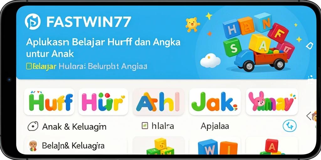 Tampilan antarmuka aplikasi FASTWIN77 untuk belajar huruf dan angka.