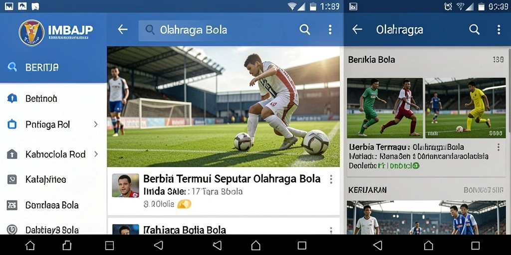 Tampilan antarmuka aplikasi IMBAJP menampilkan berita olahraga bola terkini.
