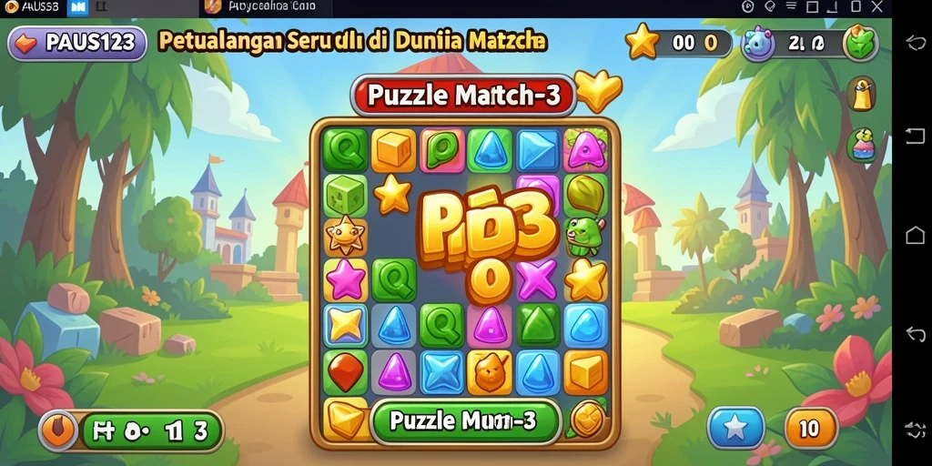 Antarmuka <strong>PAUS123</strong> dengan berbagai level Puzzle Match-3 yang menantang.